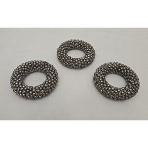 Set of 3 Vtg Silver Beaded Cluster Napkin Rings - Metallic Caviar Ball Texture